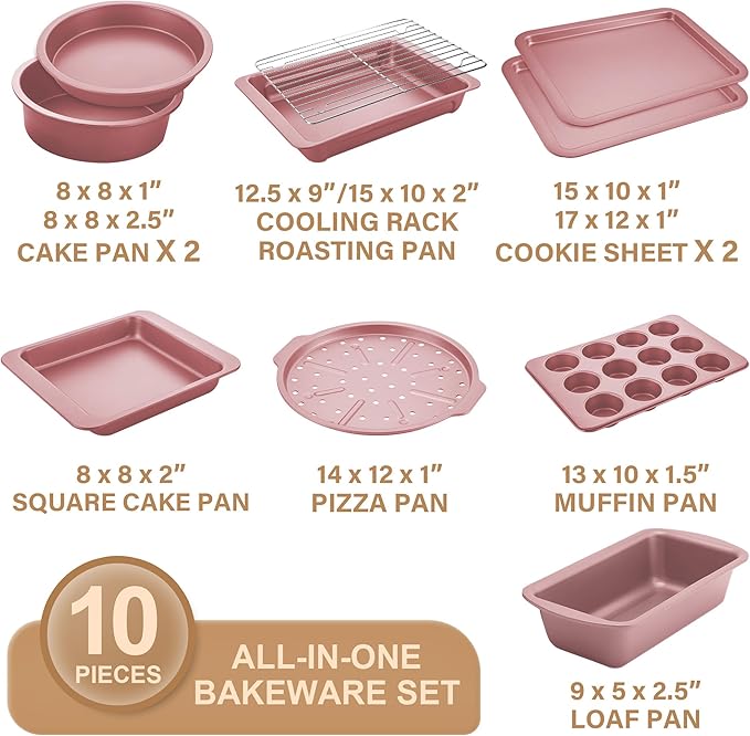 HONGBAKE Bakeware Sets, Baking Pans Set, Nonstick Oven Pan for Kitchen with Wider Grips, 10-Piece Including Rack, Cookie Sheet, Cake Pans, Loaf Pan, Muffin Pan, Pizza Pan - Pink