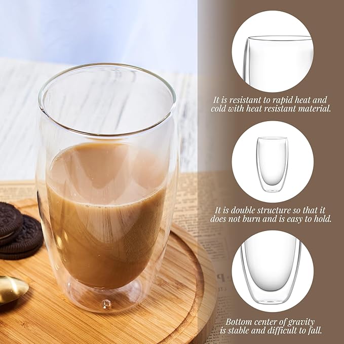 Glass Coffee Cups Set of 4, 16 oz Double Walled Glass Coffee Mugs, Insulated Coffee Mug for Espresso, Cappuccino, Latte, Tea