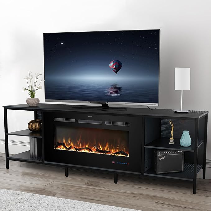 Fireplace TV Stand with 36" Electric Fireplace, 70" Industrial Entertainment Center with Metal Frame, Media TV Cabinet for TVs Up to 80", 750W/1500W, Thermostat, 13 Flame Colors, Black