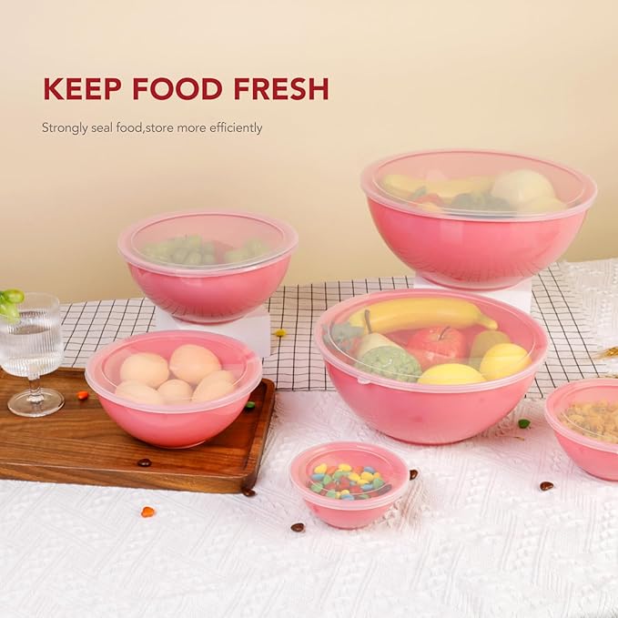 BoxedHome BPA Free Plastic Round Mixing Bowl with Lids, 12 Pack Nesting Bowls with Lids Set, Microwave and Dishwasher Safe Prep & Serving Bowls Great for Mixing, Baking, Serving (Pink, 12pcs)