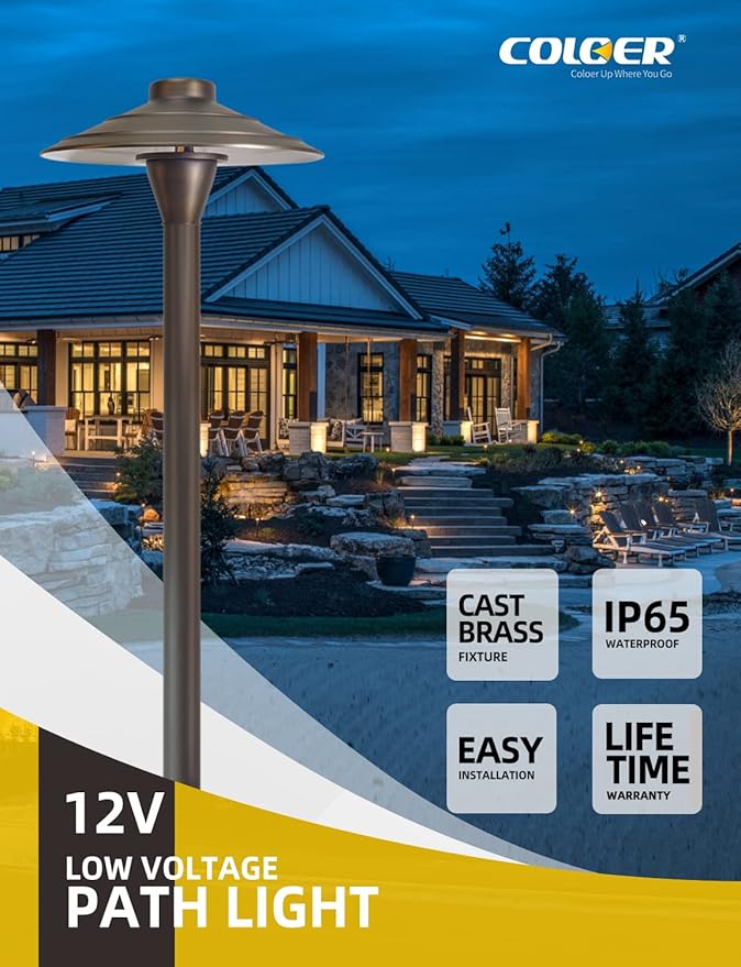 COLOER Brass Low Voltage Walkway Lights for Outside Bronze Finish 4-Pack with LED G4 Bulb,9-17V AC/DC 2W 2700K Warm White Outdoor Landscape Path Lights for Garden,Yard,Sidewalk or Driveway(601B)