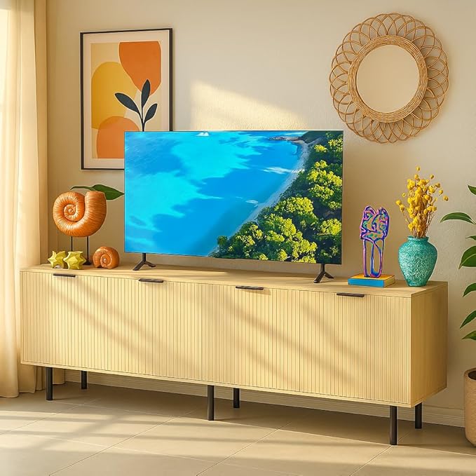 Oak TV Stand for TVs up to 80 Inch,Mid Century Modern TV Console,TV Stands for Living Room & Bedroom,Entertainment Center with Storage,Entertainment Stand,TV Cabinet for 55,60,65,70,72,75,80 Inch TV