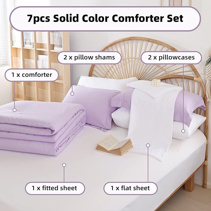 weigelia Full Size Comforter Set 7 Pieces Lavender Purple Comforter Set with Sheets Bed in a Bag Full Fluffy Bedding Set with Sheets for All Season