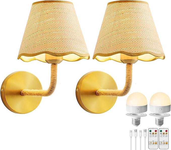 Boho Battery Operated Rattan Wall Sconces Set of Tow, Wireless Rechargeable Battery Powered Wall Light with Grass-Woven Lampshade for Bedroom Living Room Hallway Porch