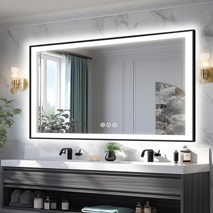 55x36 LED Bathroom Mirrors for Wall -Black Aluminum Trim (Front and Backlit), Anti-Fog Light Up Mirror,Stepless Dimmable Lighted Mirror,3 Colors Smart Mirror(Horizontal/Vertical)