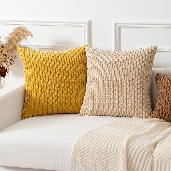 Kevin Textile Throw Pillow Covers Soft Corduroy Decorative Set of 2 Boho Striped Pillow Covers Pillowcases Farmhouse Home Decor for Couch Bed Sofa Living Room 26x26 Inch Mustard Yellow
