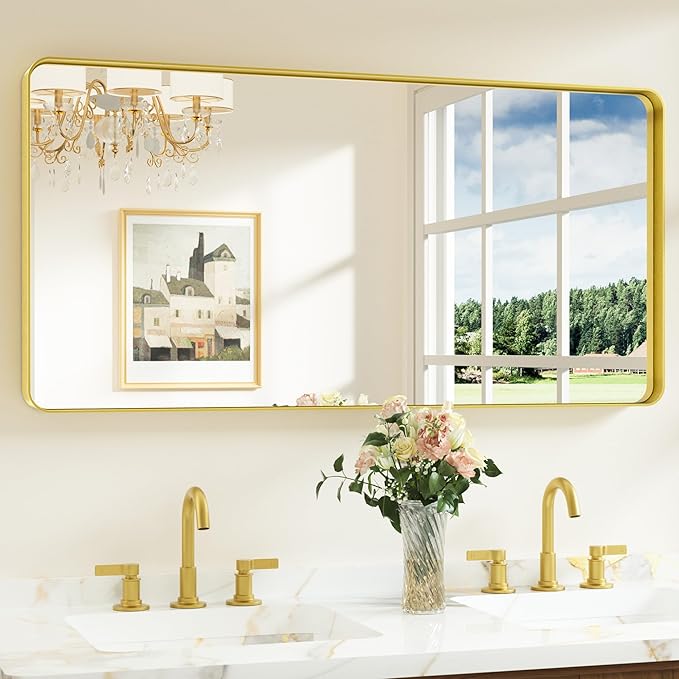 Keonjinn Gold Bathroom Mirrors for Over Sink 48” x 24” Large Brushed Brass Metal Framed Wall Mirror, Rounded Rectangle Bathroom Vanity Mirror, HD Tempered Glass Full Body Mirror(Horizontal/Vertical)