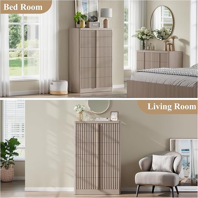 Fluted Dresser for Bedroom, 48" Tall 6 Drawer Dresser, Modern Chest of Drawers with Solid Wood Handle, Curved Profile Design, Wood Dressers Storage Organizer, Living Room, Hallway, Natural Oak