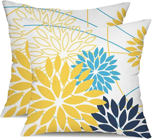 Yellow and Dark Blue Floral Pillow Covers 18x18 Set of 2 Outdoor Waterproof Decorative Throw Pillows Summer Pillow Covers Polyester Cushion Case Decor for Couch Patio Funiture Garden Porch 011B18