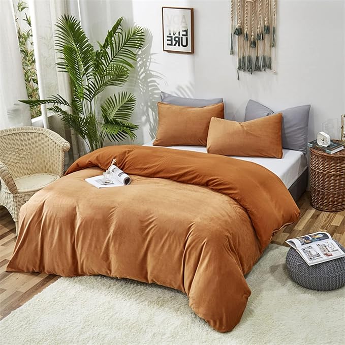 Luxlovery Pumpkin Velvet Comforter Set Twin Rust Flannel Plush Fluffy Bedding Comforter Set Terracotta Solid Color Sherpa Micromink Blanket Quilts 3 Piece Rust Brown Flannel Warm Bedding Set