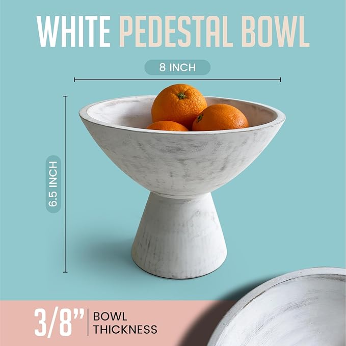 Whitewash Pedestal Bowl - 8 Inch, Wide Whitewash Footed Bowl as Fruit, Key, Decorative, Candy Holder or Centerpiece, Wooden Bowl Decorative for Kitchen, Dining Table & Home Accessories