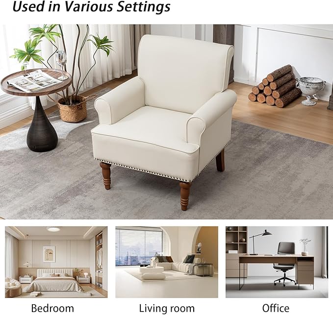 Accent Chair, Faux Leather Living Room Chairs with Nailhead Trim, Mid-Century Lounge Armchair with Solid Wood Legs, Comfy Reading Single Sofa for Bedroom, Waiting Room (White, 1 Chair)