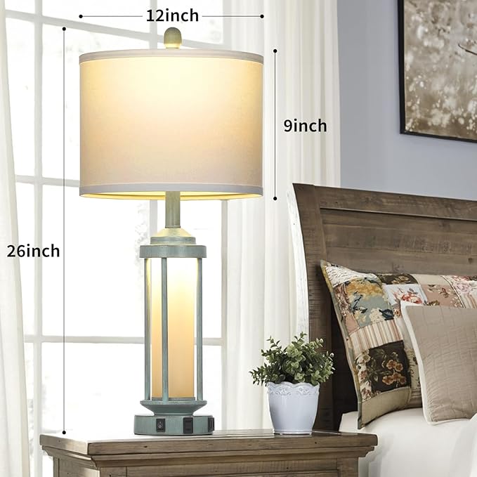Farmhouse Table Lamps for Living Room, 27" Vintage Rustic Beside Lamp Set of 2 with USB A+C Charging Ports & AC Outlet, Retro Nightstand Lamp with Fabric Shade for Bedroom Entryway(4 Bulbs Included)