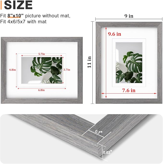 Egofine 8x10 Picture Frame Made of Solid Wood with Plexiglass, Display Pictures 4x6/5x7 with Mat or 8x10 Without Mat for Tabletop and Wall Mounting, Oak Grey