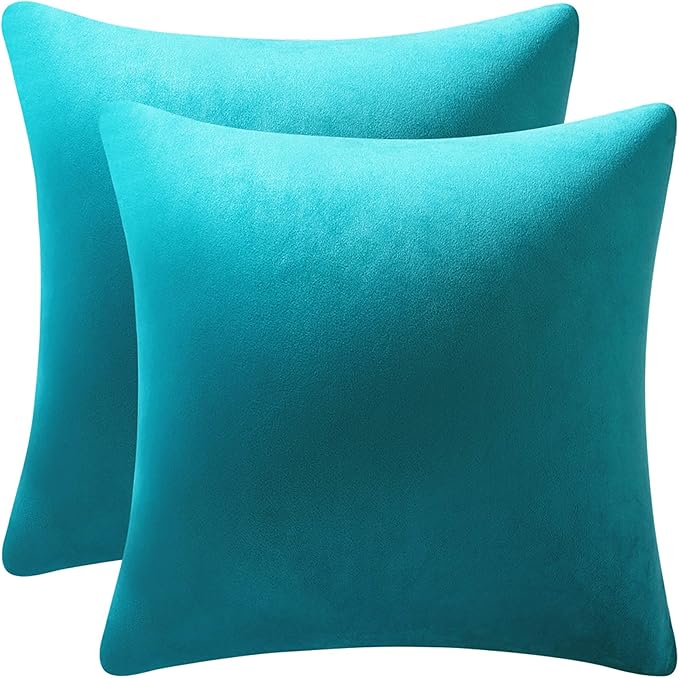 DEZENE Throw Pillow Cases 18x18 Turquoise: 2 Pack Cozy Soft Velvet Square Decorative Pillow Covers for Farmhouse Home Decor