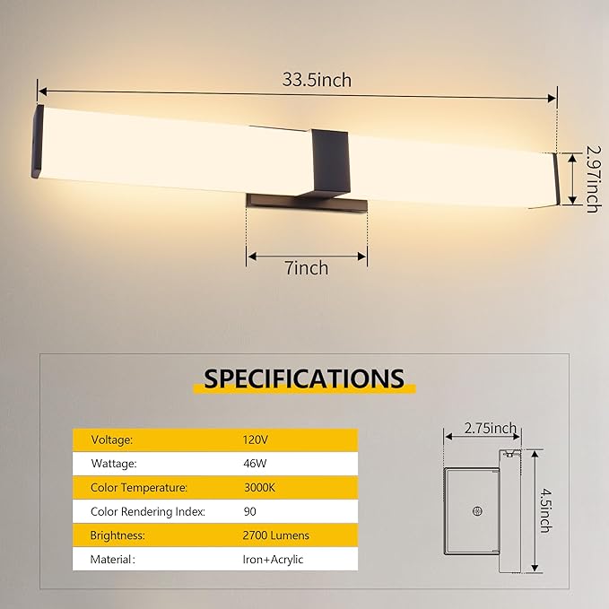 Kalium 33in Modern Wall Sconces, Dimmable Bathroom Vanity Lights, 3000K Warm White LED Indoor Sconces Lighting for Bathroom, Stairs, Living Room, Bedroom. Hardwired.
