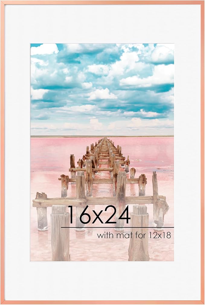 16x24 Frame | 16x24 Poster Frame With Mat For 12x18 | Metal Aluminum Picture Frame With Tempered Glass | Minimalist Modern Poster Frame | Hanging Hardware Included | Rose Gold
