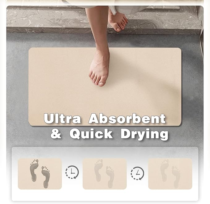 Bathroom Mat Quick Dry, Bathroom Rugs Non Slip Washable Thin Absorbent Bath Mat Fits Under Door Bathroom Floor Mat Perfect for Bath, Shower, or Sink 24"x36" Beige