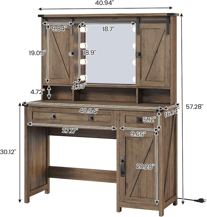 AOGLLATI Makeup Vanity with Lights & Barn Doors, Vanity Desk with Mirror and Lights & Charging Station, Farmhouse Brown Vanity Table with Jewelry Hooks and Open Storage Shelves