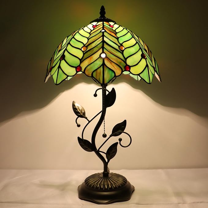 Tiffany Table Lamp, Stained Glass Desk Light, W12H19 Inch, Metal Leaf Base (Brown Green Leaf)