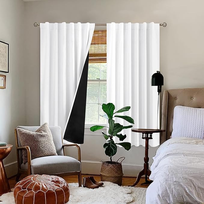 BGment Pure White 100% Blackout Curtains 63 Inches Long with Thermal Insulated Liner, Rod Pocket and Back Tab Double Layer Full Room Darkening Window Curtain for Bedroom, 2 Panels, Each 52 x 63 Inch
