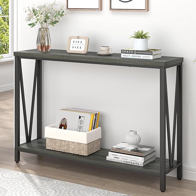 EXCEFUR Entryway Table, Rustic Wood Sofa Console Table with Storage, Modern Hallway Table for Living Room, Grey
