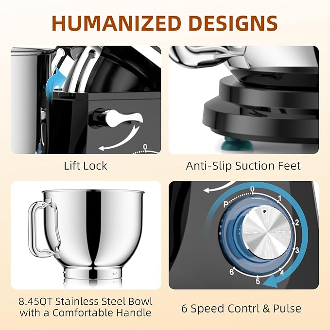 8.45 QT Stand Mixer - 660W 6 Speed Large Capacity Kitchen Electric Mixer with Whisk Dough Hook Mixing Beater Household Food Mixer for Baking Cakes Cookie Bread Salad (Black)