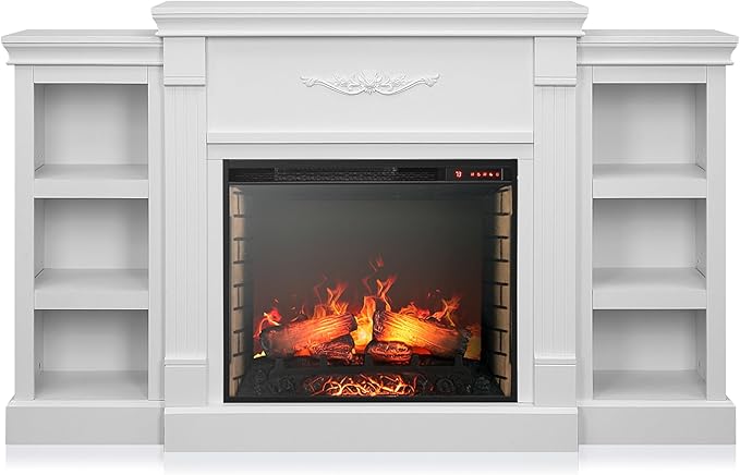 BELLEZE Modern 70" Electric Fireplace Heater Mantel TV Stand & Media Entertainment Center for TVs up to 68" with Energy-Efficient Heater with Sound and Side Book Shelves - Lenore (White)