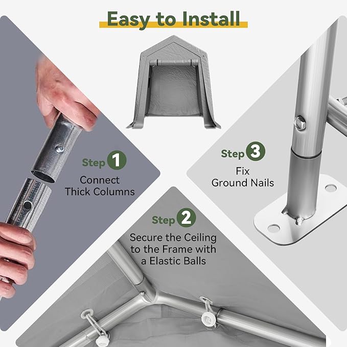 Aoxun 6x8x7 FT Outdoor Portable Storage Shed Tent with Roll-up Zipper Door and Window Portable Carport with Waterproof Tarp Galvanized Steel for Motorcycle, Generator, Bike Storage (Gray)