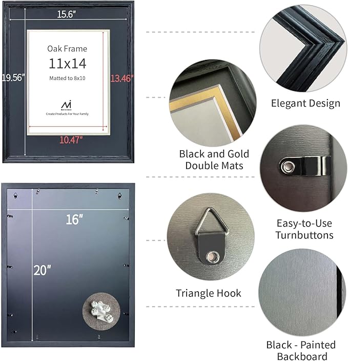 16x20 Picture Frame for Wall Hanging Solid Oak Wood, 11x14 Picture Frame with Mat,16x20 Premium Photo Frame with Real HD Tempered Glass,Ideal for Home Decor, Art Gallery,Black, 1 Pack