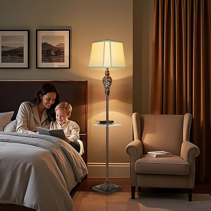 Rustic Floor Lamp for Living Room with Nightlight and Glass Tray, Vintage Standing Lamp with Beige Faux Silk Shade, Farmhouse Tall Lamp for Bedroom Study Home Office Hotel Bar - Brown (Bulb Included)