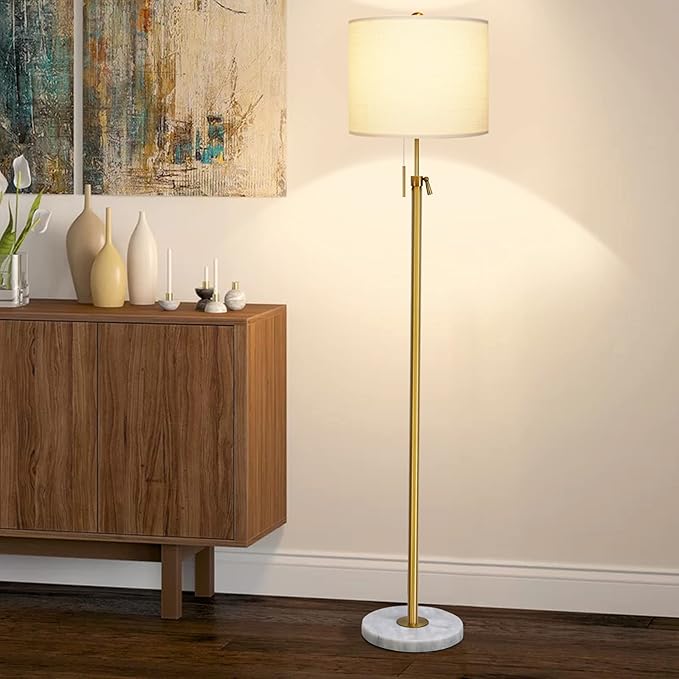 Modern Floor Lamp for Living Room, Adjustable Height Standing Lamp with Marble Base, 3-Way Dimmable Gold Brass Tall Pole Light with White Linen Shade for Reading, Bedroom, Chain Switch, Bulb Included