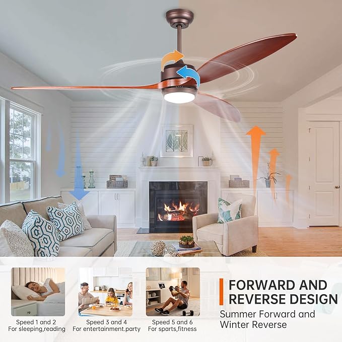 reiga 65 Inch Walnut Wood Ceiling Fan with Lights and Remote Control, Quiet Reverse DC Motor, High Airflow, Timer Function, and Built-in Air Purifier Coconut Carbon Pads for Home