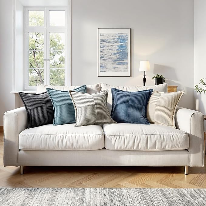 MIULEE Blue Corduroy Pillow Covers 16x16 Inch with Splicing Set of 2 Soft Boho Striped Pillow Covers Broadside Decorative Textured Summer Coastal Pillowcases for Couch Cushion Bed Livingroom