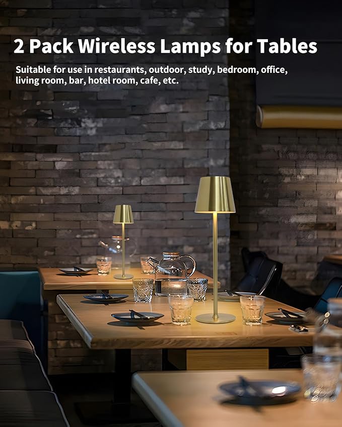 2 Pack Cordless Table Lamps,Portable LED Desk Lamp, 5000mAh Battery Operated Lamp, 3 Color Stepless Dimming Up, for Restaurant/Bedroom/Outdoor Party/Camping/Coffee Shop Night Light(Gold)
