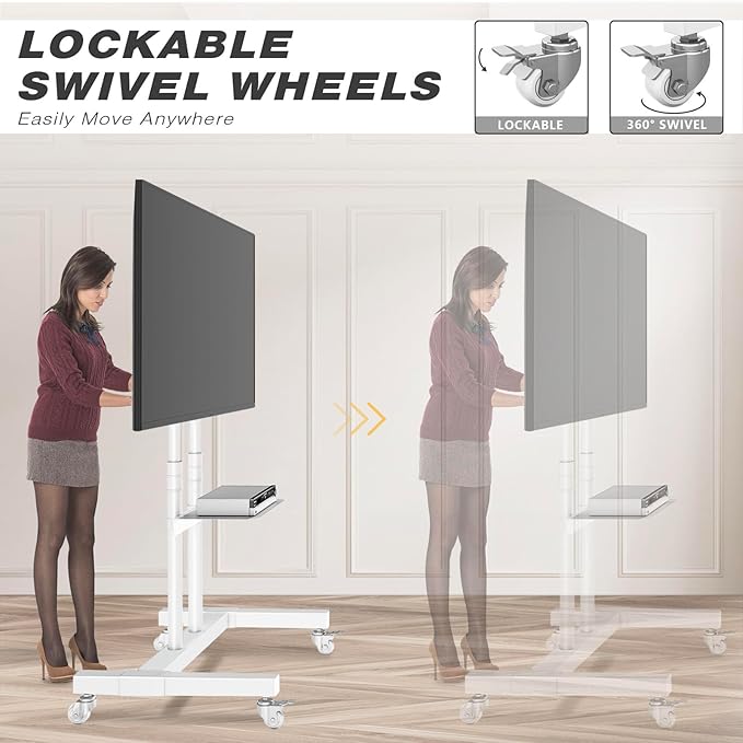 TVON Upgraded Mobile TV Stand on Wheels for 32-80 inch Flat Screen/Curved TVs up to 110 lbs, Height Adjustable Mobile TV Cart with Metal Laptop Shelf, Rolling TV Stand for Home and Office Use,White