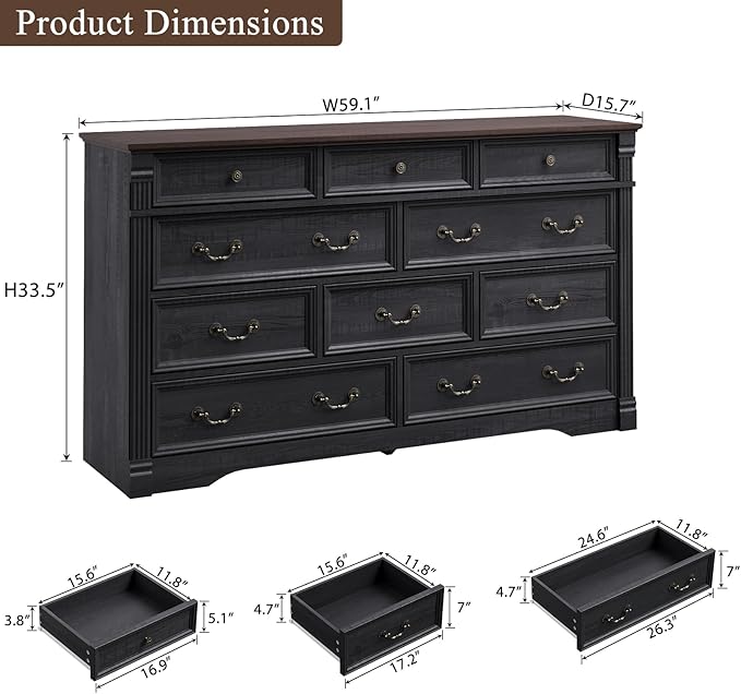 Yaamizz Farmhouse Dresser for Bedroom, 60" Wide 10 Drawer Dressers Storage with Wood Pilasters & Metal Handles, Vintage Design, Drawer Organizer for Bedroom, Hallway, Black