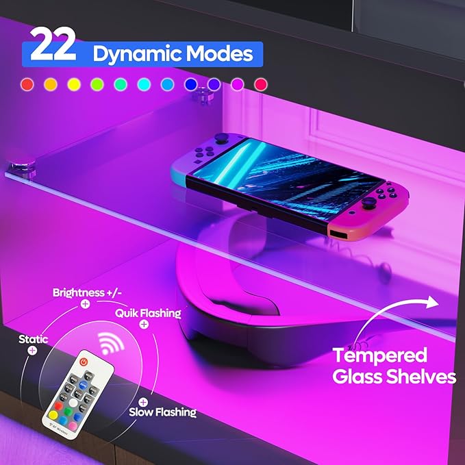 Bestier Modern TV Stand for 65 inch TV with LED Lights, High Gloss Entertainment Console Table with Storage Shelves for Living Room in Glossy Black