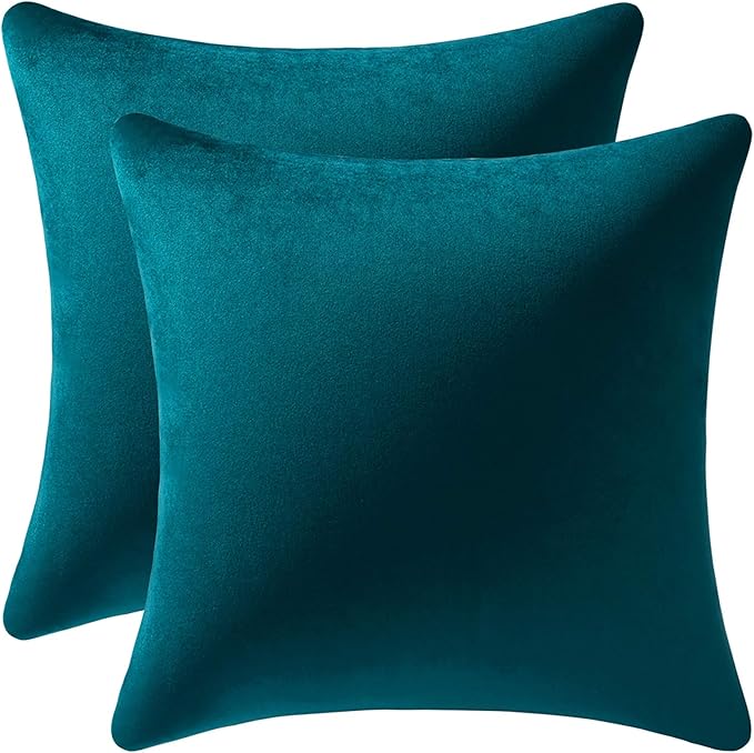 DEZENE Throw Pillow Cases 20x20 Teal: 2 Pack Cozy Soft Velvet Square Decorative Pillow Covers for Farmhouse Home Decor