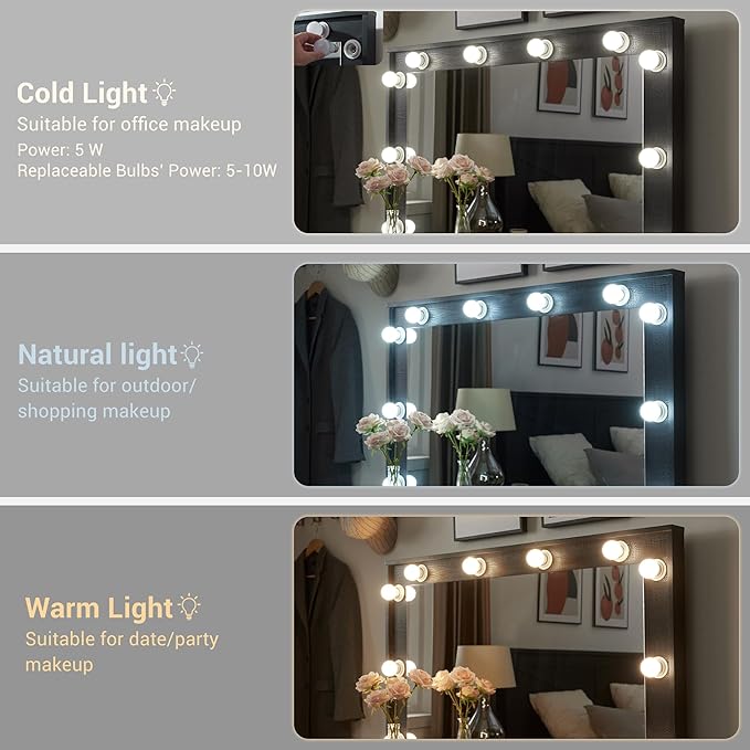 JXQTLINGMU Farmhouse Vanity Desk with Hollywood Makeup Mirror - Ample Storage Space with 3 Drawers & 2 Cabinets - Detachable Light Bulbs, Stool Included, Bedroom, Black