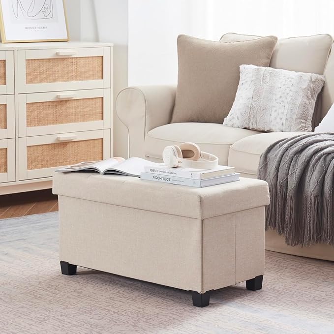 Ornavo Home 30 Inch Storage Ottoman, Large Storage Bench, Ottoman with Storage with Legs, Foot Rest Stool, Bedroom Bench - Beige