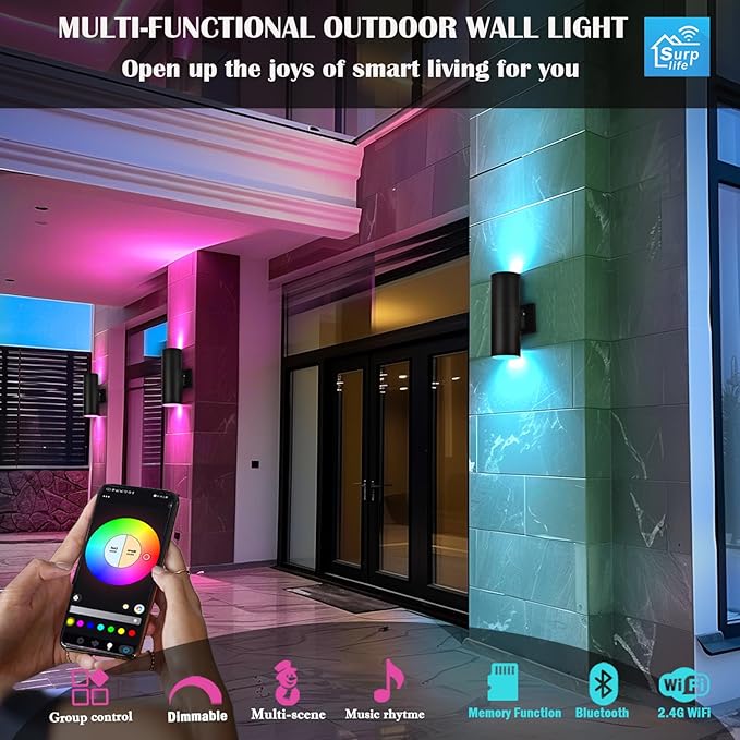 RGB Outdoor Wall Light Fixtures, Smart Cylinder Exterior Lighting Fixtures Wall Mount, Color Changing Up Down Wall Sconce, LED Outdoor Porch Lights for House Front Door Garage