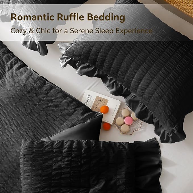 JOLLYVOGUE Black King Comforter Set, 3 Pieces Seersucker Comforters King Size, Lightweight & Fluffy Bedding Sets King for All Season with 1 Ruffle Comforter and 2 Ruffle Pillowshams