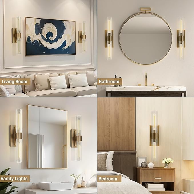 Wall Sconces Set of Two, Brass Wall Lights for Bathroom Vanity, 22.8" Gold Sconces 2-Light, Indoor Brass Wall Sconces for Bathroom Mirror, Vanity, Bedroom, Living Room