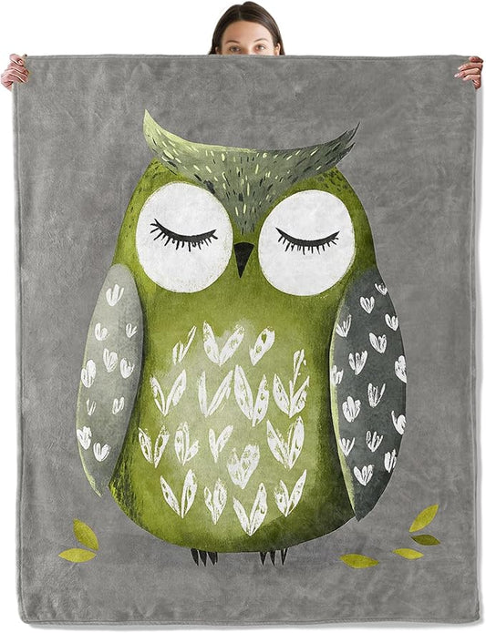 Cute Green Owl Blanket, Cozy Flannel Sleepy Cartoon Owls Throw Blanket for Couch Outdoor, Plush Soft Lightweight Travel Blankets for Bed Decor and Gifts, for Women Adults Boys Kids 50"x60"