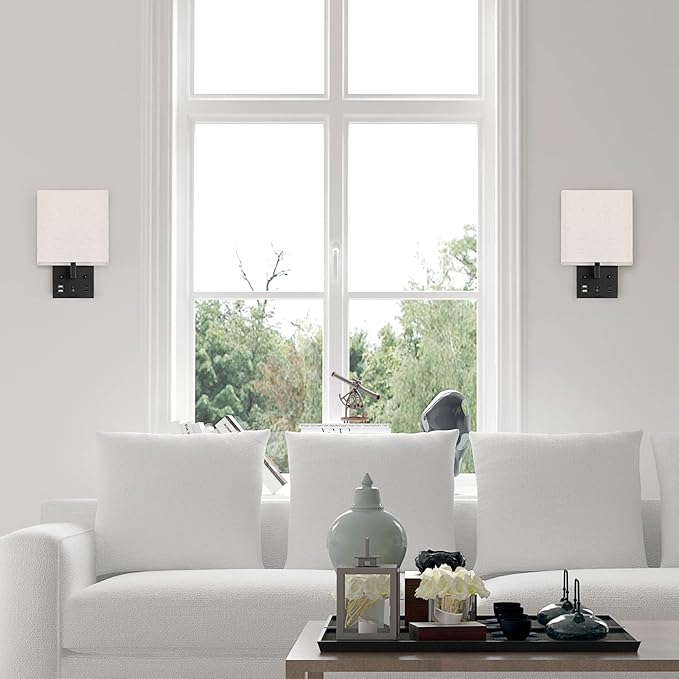 Black Wall Sconces Set of Two, Bedside Wall Lights for Bedroom, Plug in Wall Sconce with USB Ports and Outlets, Modern Wall Lamp for Mirror Kitchen Living Room Hallway, E26 Base (LED Bulbs Included)