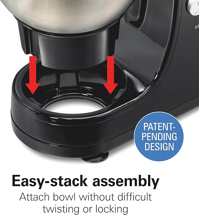 Hamilton Beach Electric Stand Mixer, 4 Quarts, Dough Hook, Flat Beater Attachments, 7 Speeds, Whisk, Stack & Scrape Bowl Scraper, Black