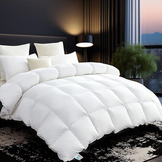 L LOVSOUL 75% Goose Down Fiber Comforter Full Size, 850+ Fill Power Hotel Style Bedding Comforter, 1200TC, Fluffy Ultra Soft All Season White Duvet Insert with 8 Corner Tabs