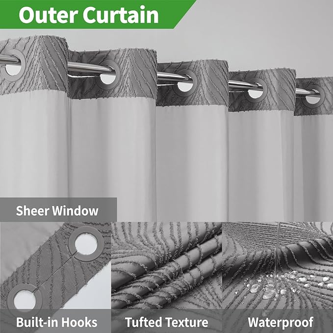 no Hook Shower Curtain and Liner Set，Boho Style with See Through Top Window, Grey Fabric Tufted Striped Textured Outer Curtain & Waterproof Inner Liner, Grey/Gray, 71Wx98H