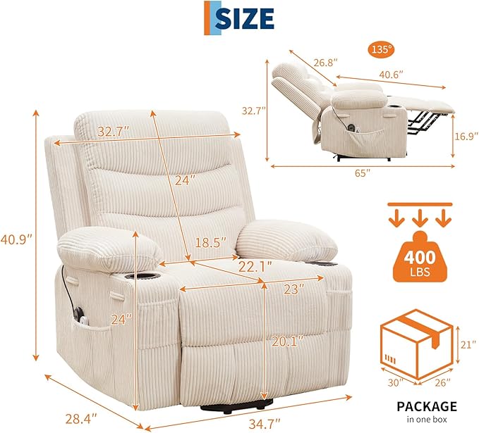 Power Lift Recliner Chair for Elderly with Massage & Heat, Small Spaces Useage Living Room or RV Single Sofa for Adults, 135° Reclining Accent Chairs, 2 Cup Holders and Side Pockets (Beige Corduroy)